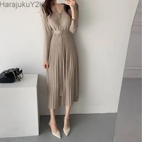 elegant v neck single breasted thicken sweater dress women 2022 autumn winter knitted belted female a line long dresses robe