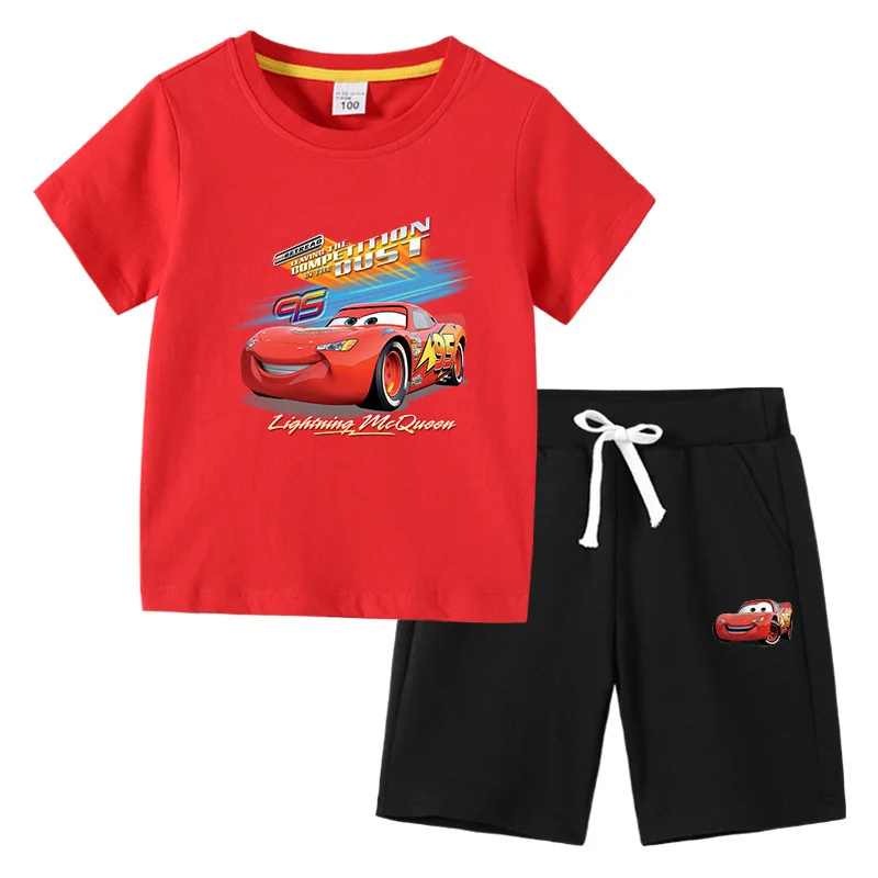 

Детский костюм Disney McQueen с машинками, мультяшные рисунки, для мальчиков и девочек, с коротким рукавом, из двух предметов, Детские хлопковые ко...