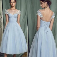 sexy sheer neck lace up prom dress blue a line fashion backless evening dress lace short sleeve tulle party gown tea length