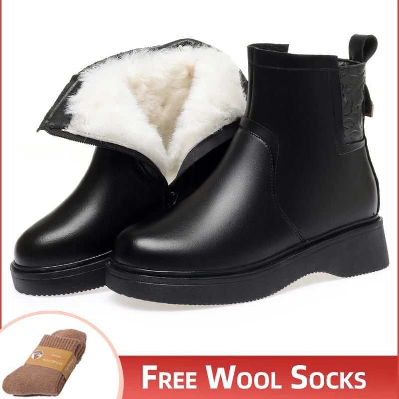 2023 New Mother Boots Wedges Zipper Non-slip Women Winter Boots Large Size Casual Shoes Genuine Leather Snow Boots for Women