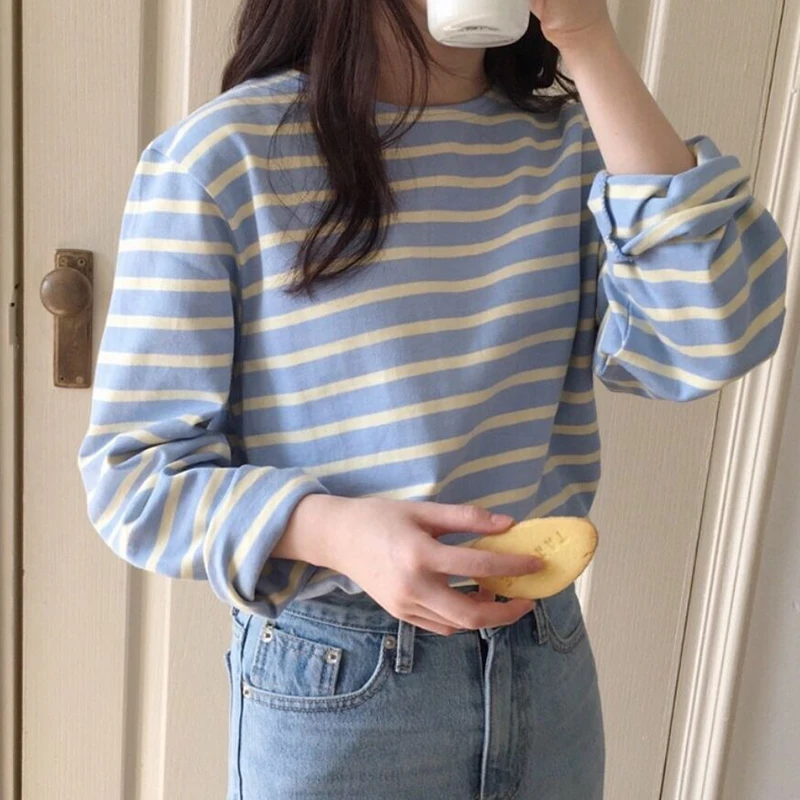 

2022 Spring Autumn Loose Cotton Striped Tshirt Women Long Sleeve Korean All-match Basic Woman Tops Femme Tees T-shirts Clothes