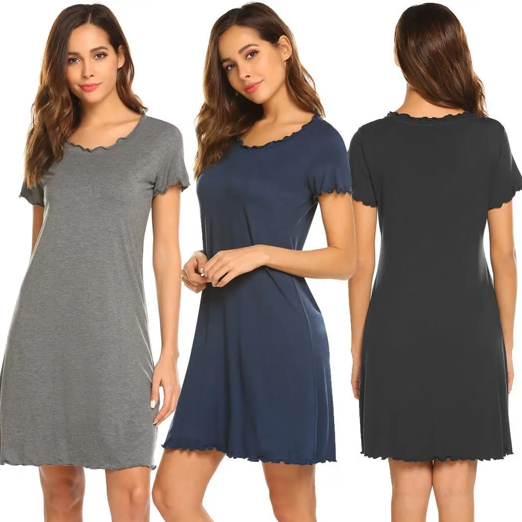 Nighties for Women Sexy Nightgown Digital Printed Cuffed Homewear Nightdress Round Neck Solid Leisure Nightdress Woman Sleepwear