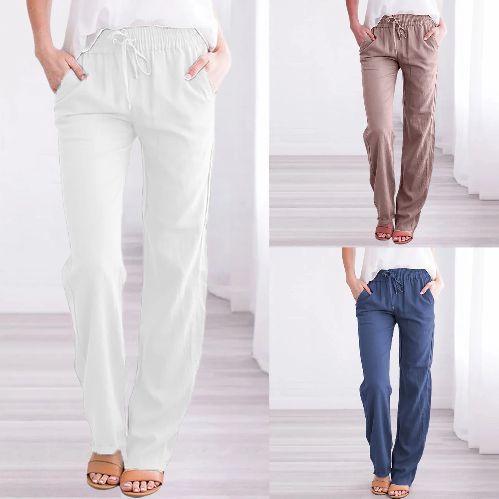

Cotton Linen Long Straight Pants Elastic Waisted Women Comfy Trousers with Pockets Solid Color Loose Fit Tie Up Vacation Outfit
