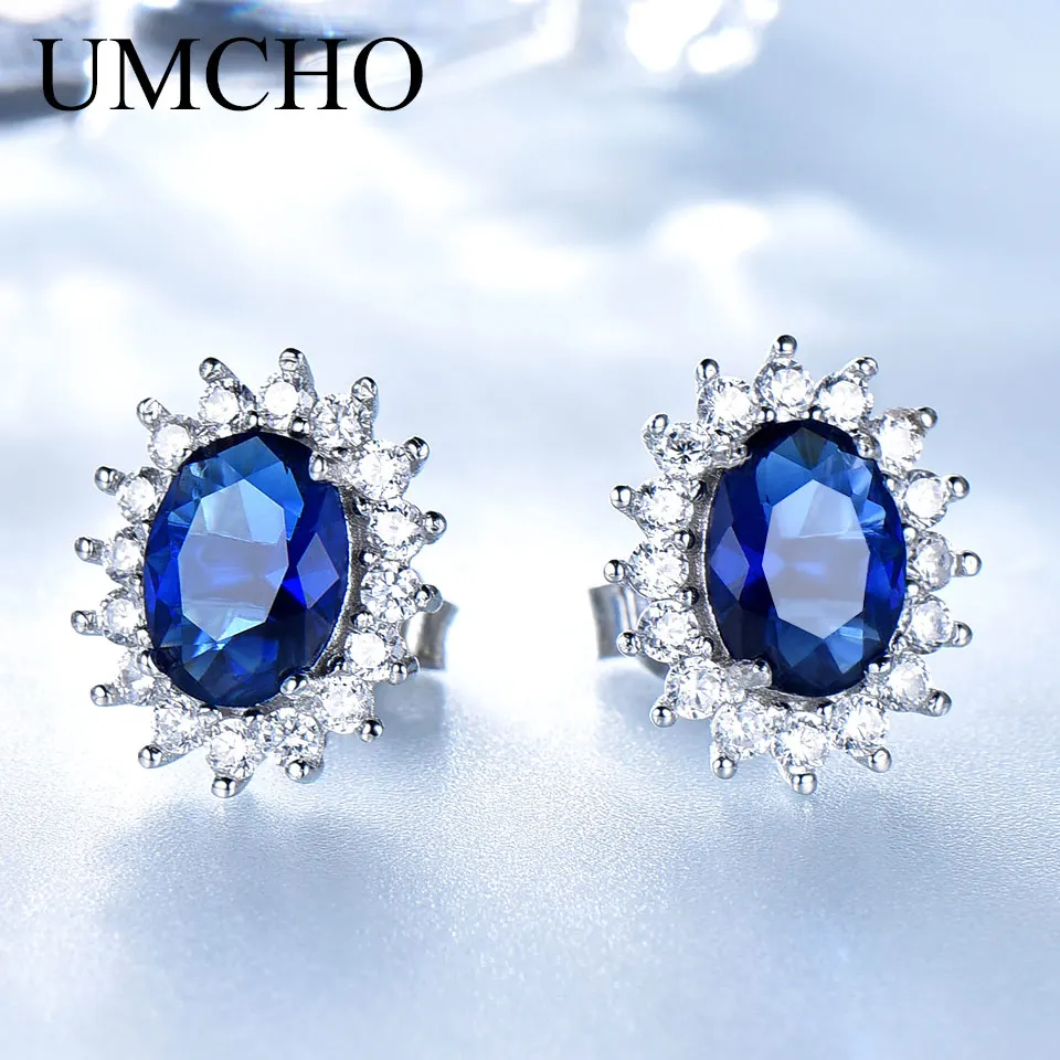 

UMCHO Luxury Genuine 925 Sterling Silver Earrings for Women Blue Sapphire Diana Wedding Anniversary Party Gift Fine Jewelry