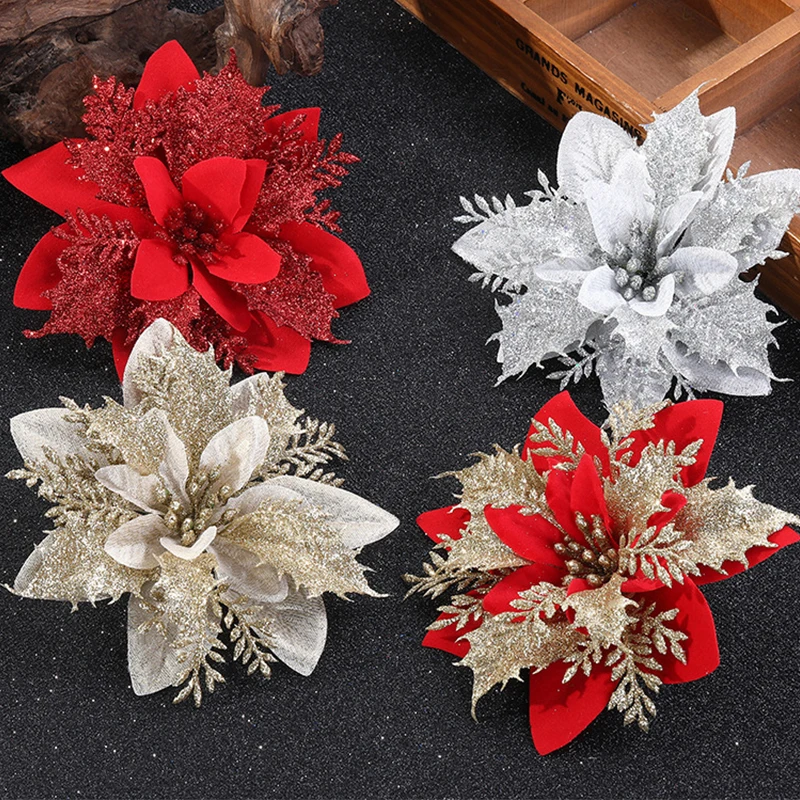 

5/10PCS New Christmas Glitter Artificial Poinsettia Flowers Artificial Xmas Tree Decor For Home Party Navidad New Year Ornament