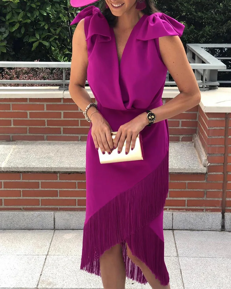 

Bow Decor Tassel Trim Midi Dress Women Long Knee Length Dress High Waist Sleeveless V Neck Fashion Casual Sexy Evening Party