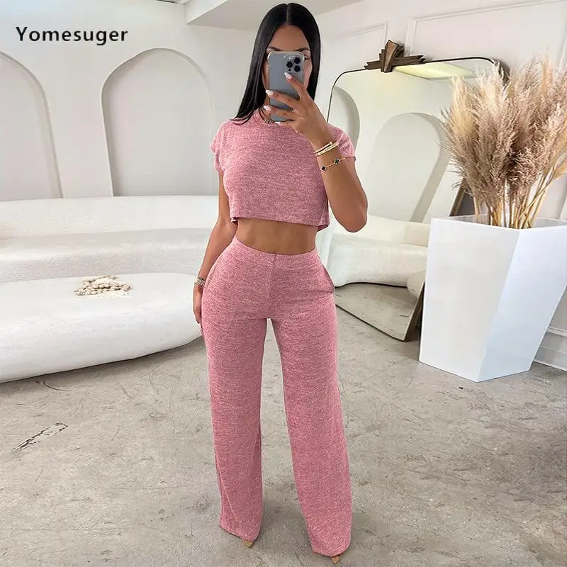 

Yomesuger Casual Solid Two Piece Set Women Concise Short Sleeve Crop Tops and High Waist Straight Pants Matching 2023 Tracksuits