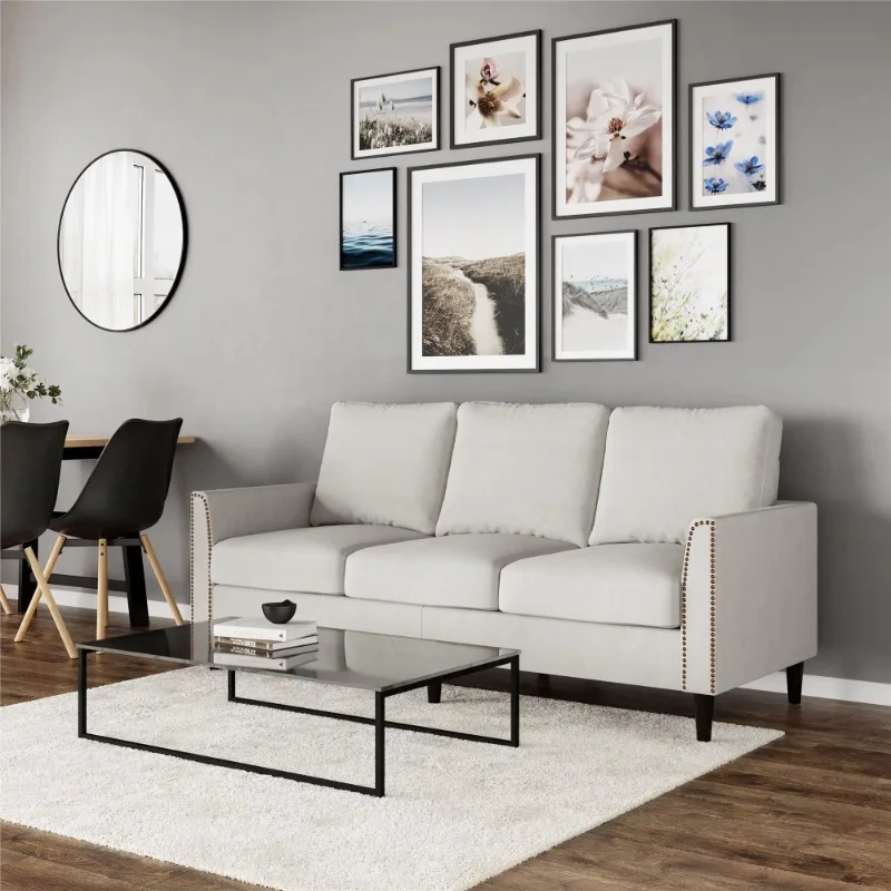 

Queer Eye Cambridge Sofa with Nailhead Trim, Modern Couch, Gray Linen