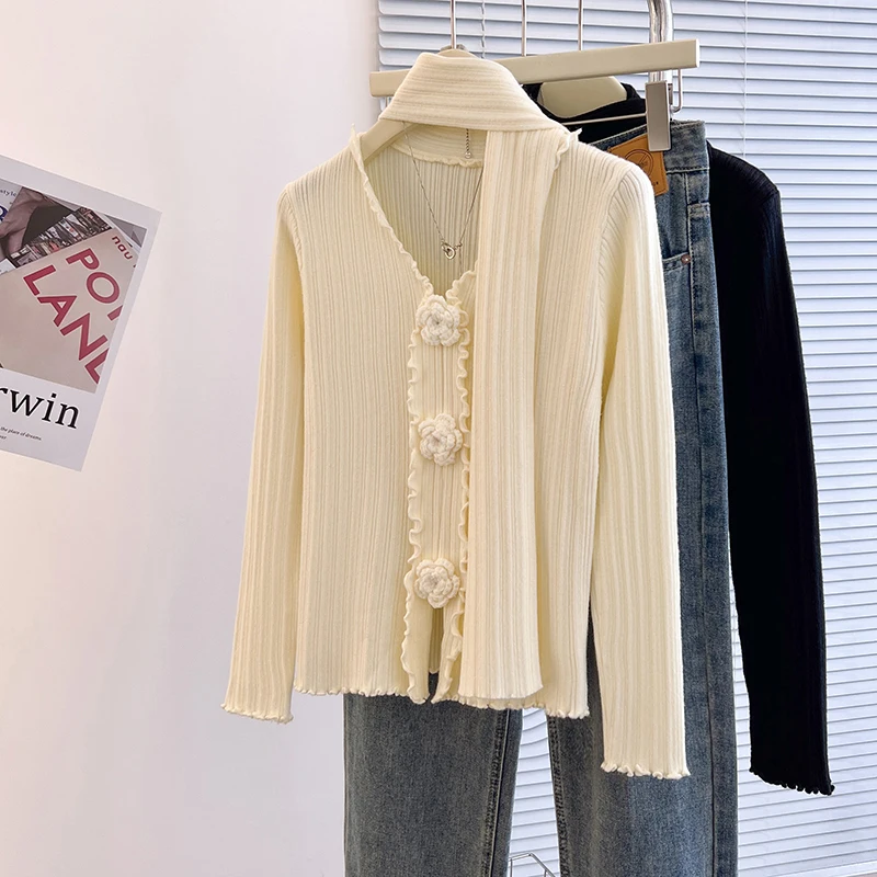 Мягкие клейкие пуловеры с v-образным вырезом женские топы объемными цветами и