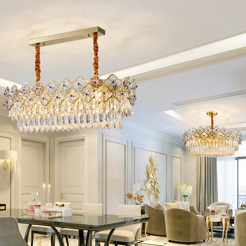 

Modern crystal chandelier lighting Gold round lustre Led chandeliers for living room Rectangle Kitchen Island Lighting Fixtures