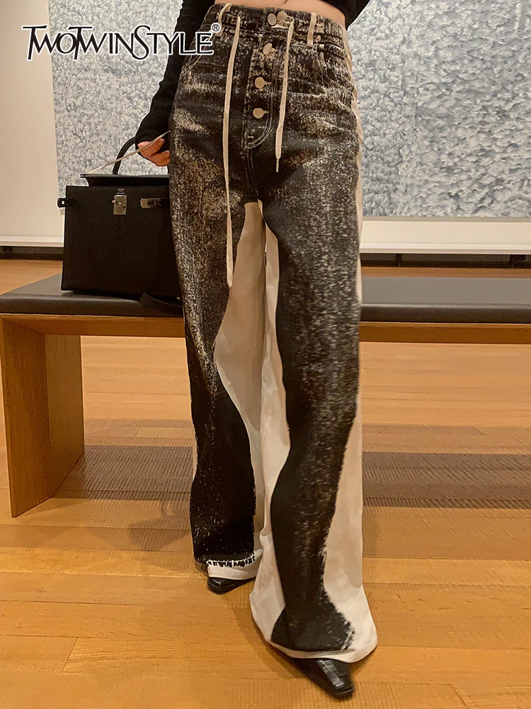 

TWOTWINSTYLE Hit Color Spliced Drawstring Trousers For Women High Waist Patchwork Denim Summer Wide Leg Pants Female Fashion New