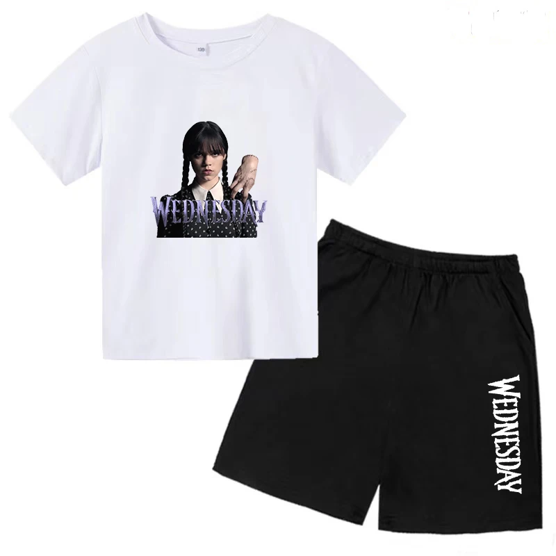 

2023 Kids Boys Girls Baby Wednesday Family T-shirt + Pants Cotton Summer Suit Idol Jogging Athleisure Wear Girls 3-12 Years Old