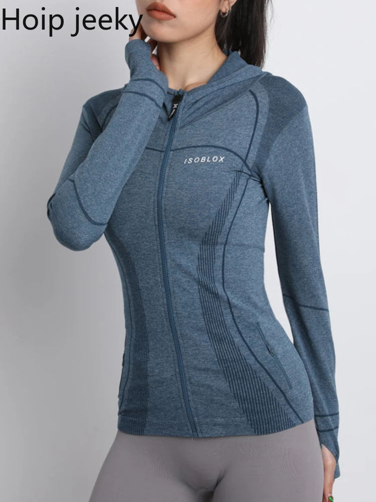 

Hoip Jeeky Thin Hooded Yoga Wear Women Summer Running Sportswear Zip Up Tops Sweatshirt Workout Fitness Slim Tight Jacket Trend