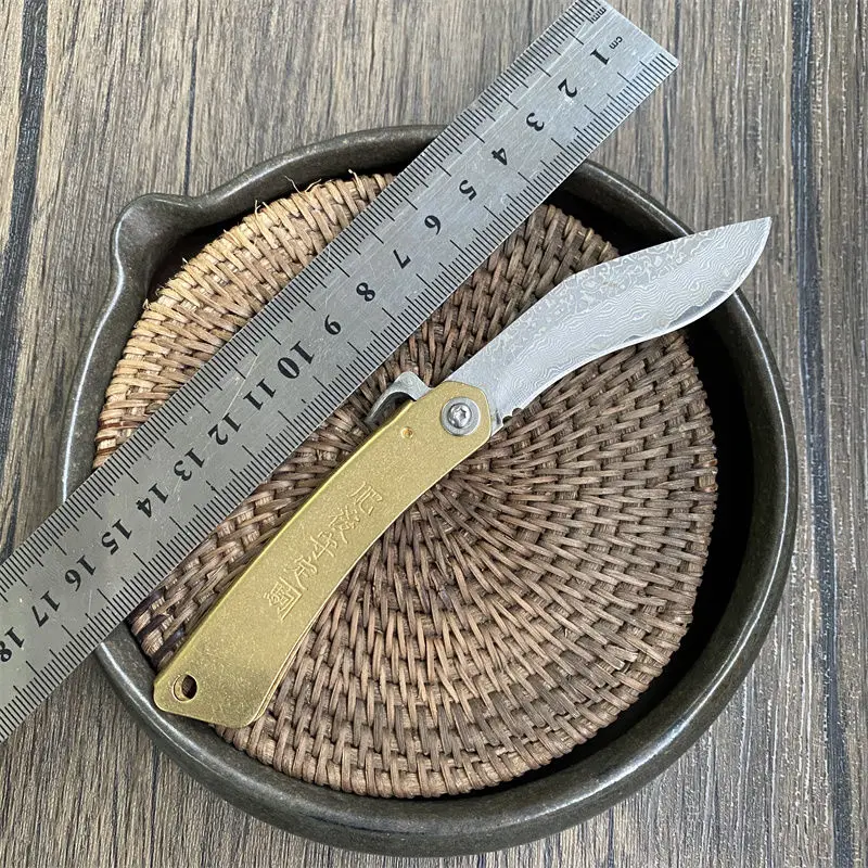 

Mini Utility Knife Camping Edc Survival Damascus Blade Copper Alloy Handle Bushcraft Self Defense Fruit Knife Portable Handtool
