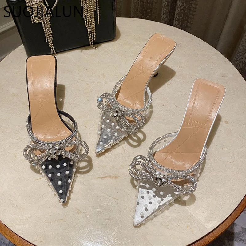 SUOJIALUN 2022 New Spring Women Slipper Bling Crystal Bow-knot Pointed Toe Slip On Mules Shoes Thin High Heel Ladies Sandal Shoe