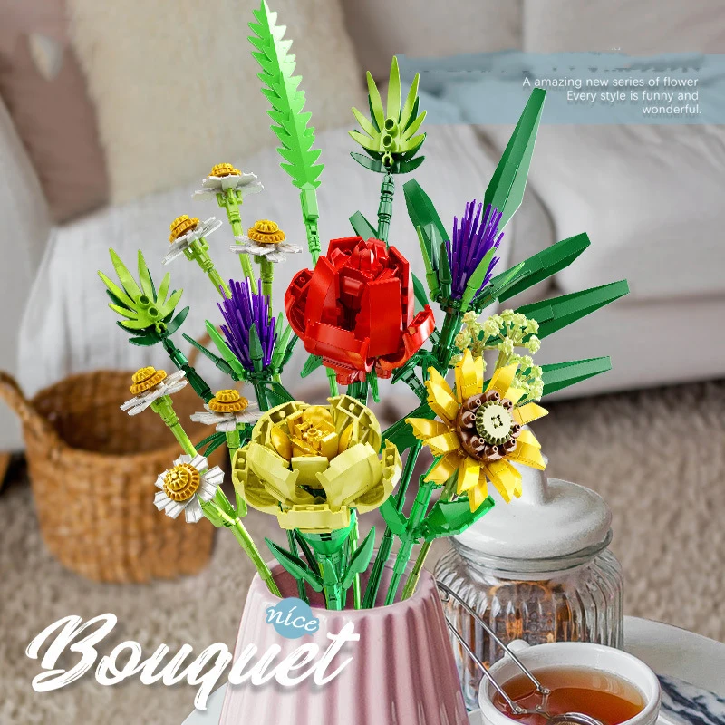 

623PCS Romantic Bouquet Building Block Carnation Sunflower Rose Chamomile Flower Plant DIY Assembly Brick Children's Toy Gift