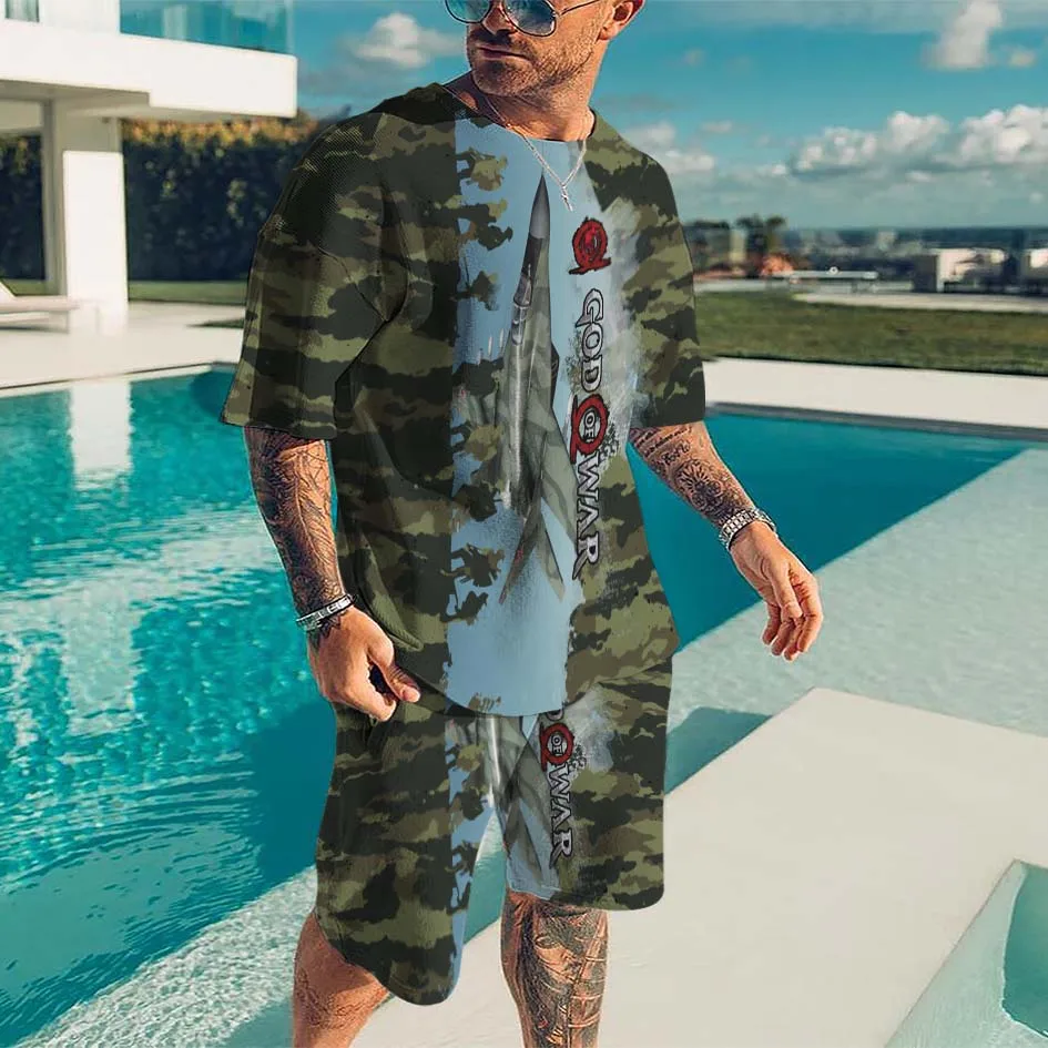 Men's clothing Camouflage Printed Men's 2 Piece Sportswear Short Sleeve T-shirt Set Summer Sportswear Loose Oversized Tracksuit