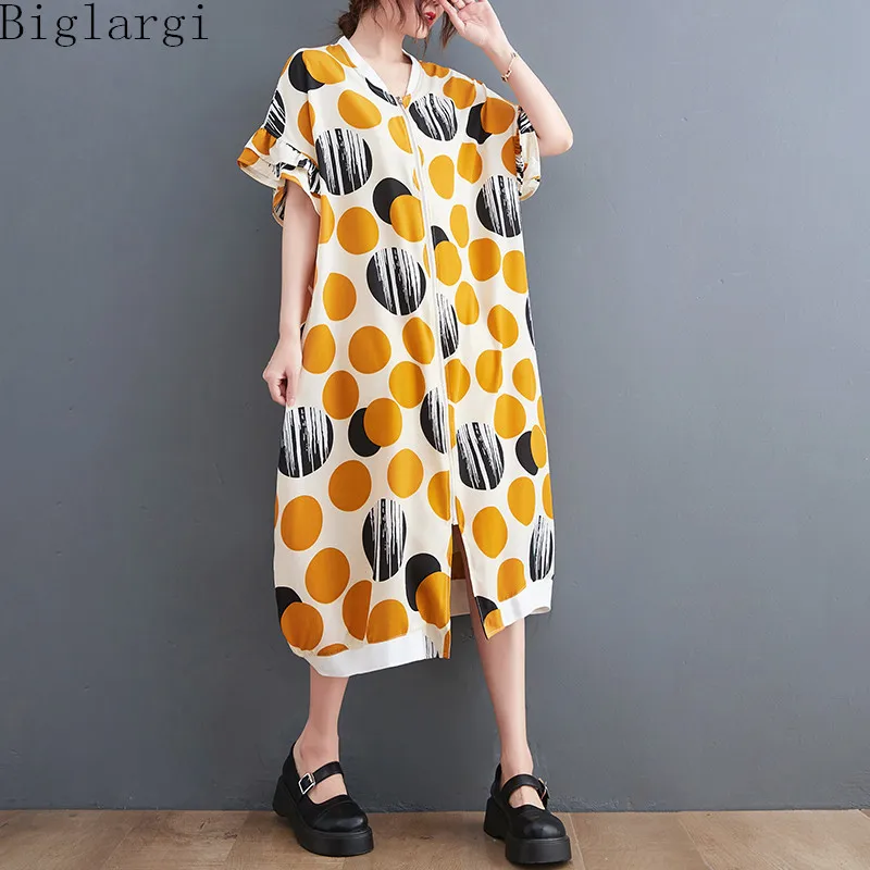 

Oversized Fashion Zipper Polka Dot Print Dress Woman Casual Large Size Women Summer Loose Korea Ladies Womens Cotton Long Dress