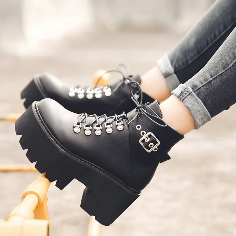 

Brand Design 2023 Platform Boots Ankle Booties Footwear Fashionable Gothic Black Chunky Heels Biker Shoes Boot Big Size 43