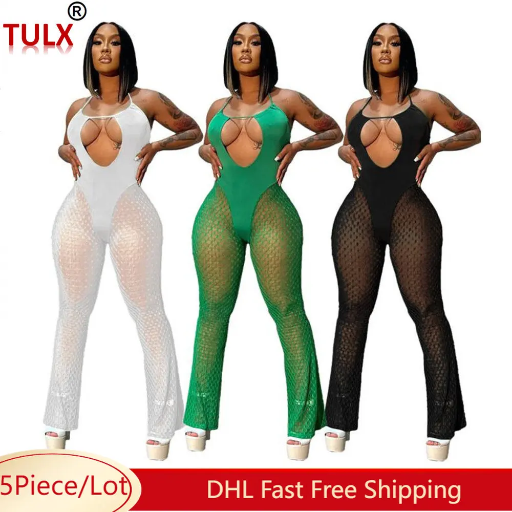 

5 оптовая продажа, сексуальные сетчатые комбинезоны, женские комбинезоны с вырезами и лямкой на шее, повседневные однотонные комбинезоны с открытой спиной, цельная модель 8430