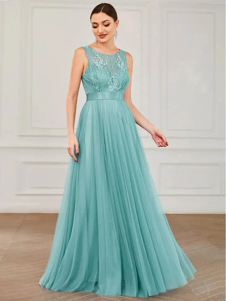 

Elegant Evening Dresses Long Sleeveless A Line Round Neck Floor-Length Gown 2022 Ever Pretty of Lace Bridesmaid Women Dress
