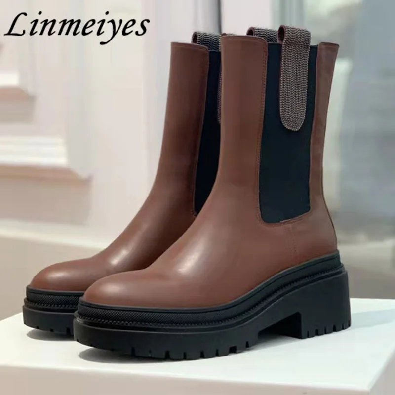 

New Elastic Band Chelsea Boots Women String Bead Styles Round Toe Mid-Calf Boots Lady Concise Square Heels Slip-On Boots Woman