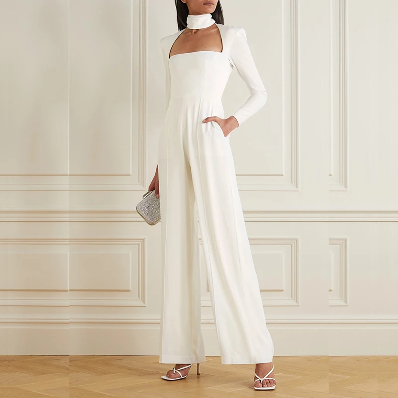 

Bevenccel Long Sleeve High Neck White Women Jumpsuit Sexy Straight Slim Female Rompers Elegant Bodycon Fashion Runway Overvalls