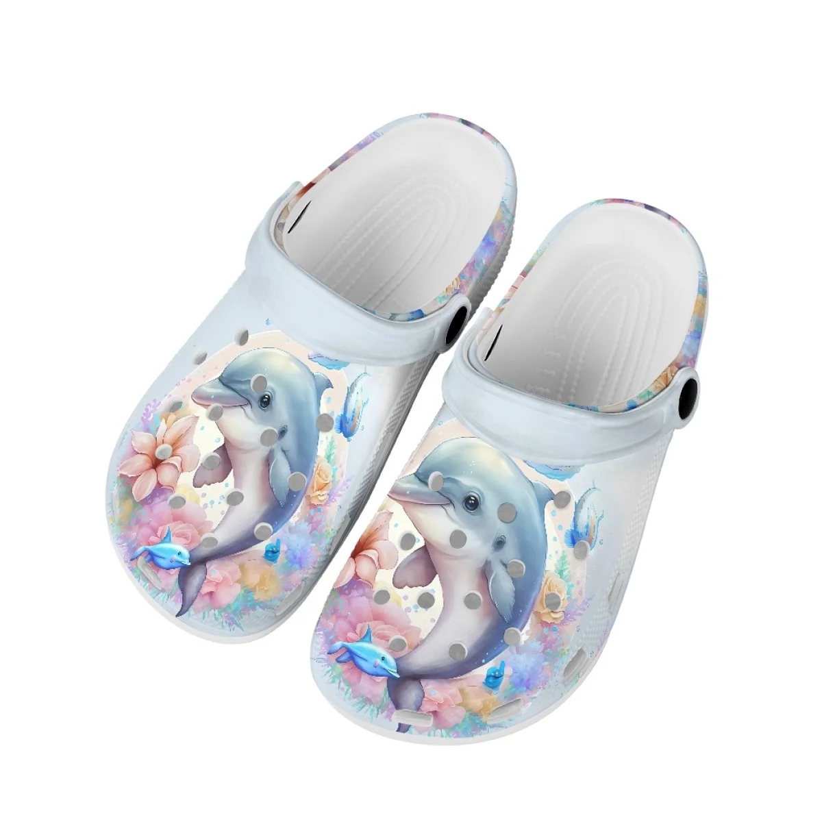 

Cute Beautiful Dolphin With Flower Pattern Female Hole Slippers Unisex Party Travel Walked Round Toe Wear-Resistant Cozy Light