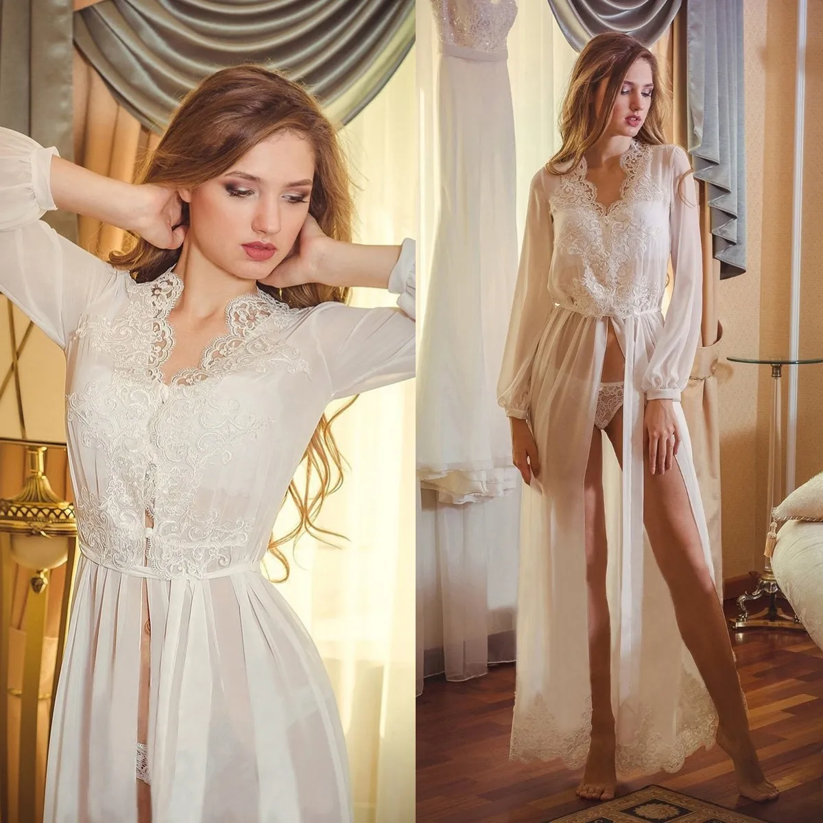 

Elegant White Chiffon Women Bridal Nightgowns Sexy Lace Appliques Long Sleeves Wedding Bathrobes Front Split Boudoir Sleepwears