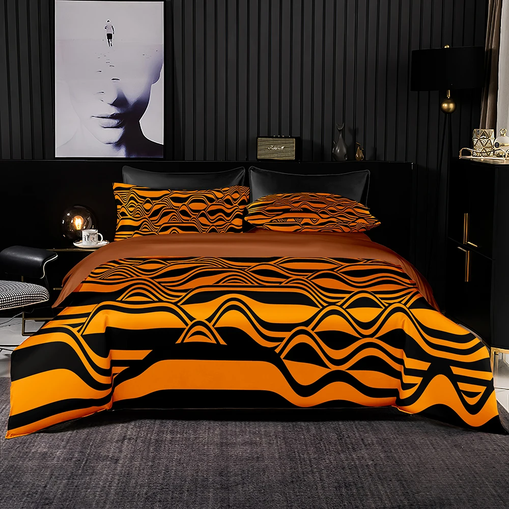 Light Brown Bedding Set African Style Duvet Cover Black White Strips Pattern 220x240 with Pillowcase for Queen King Size | Дом и сад