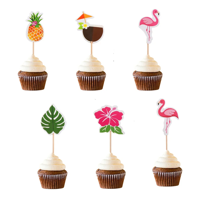 

24Pcs Flamingo Pineapple Palm Leaves Cupcake Topper Tropical Hawaiian Beach Pool Cake Pick for Party Wedding Birthday Decoration