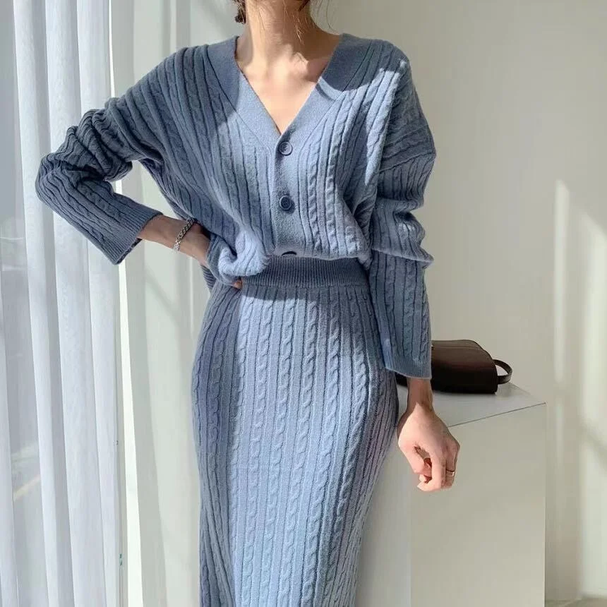 

Women's Pullover And Skirt, 2-piece Set, Elegant, Knitted, Retro, High Waist, Autumn