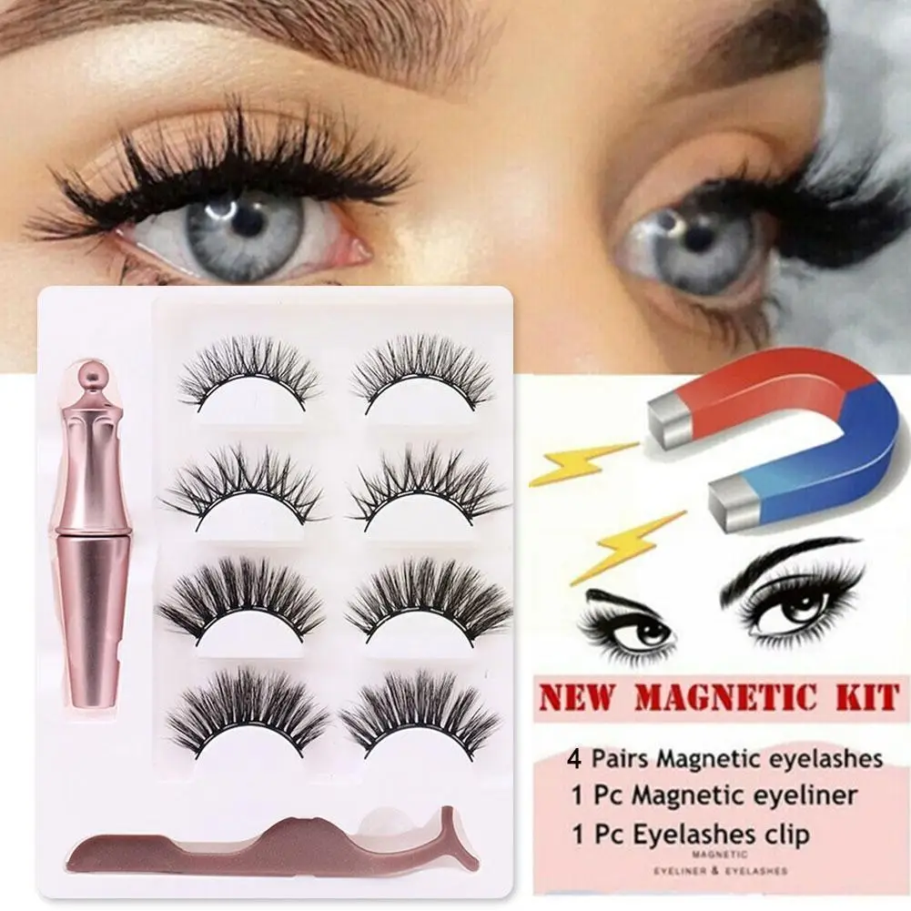

4 Pairs Magnetic Eyelashes 3d False Mink Eyelashes Makeup Set Lashes Magnet Magneticas Magnetic Pestañas Eyeliner&tweezer R5c1