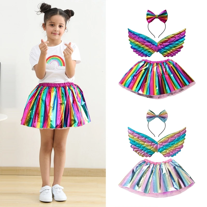 

3Pcs Little Girls Shiny Metallic Rainbow Tutu Skirt Costume with Headband and Wings Tulle Lining Outfits for Birthday Party Prop