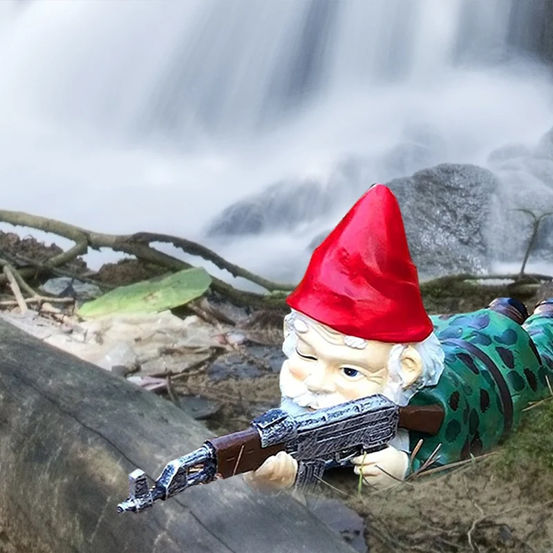Funny Gnome Army Garden Statue Resin Hunting Gnome Figurine Dwarf with A Gun Sculpture Ornaments for Outdoor Lawn Yard Decor