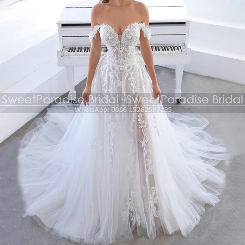 

Женское кружевное свадебное платье с цветочной аппликацией, пышное ТРАПЕЦИЕВИДНОЕ ПЛАТЬЕ с открытыми плечами и длинным шлейфом, белое Тюле...