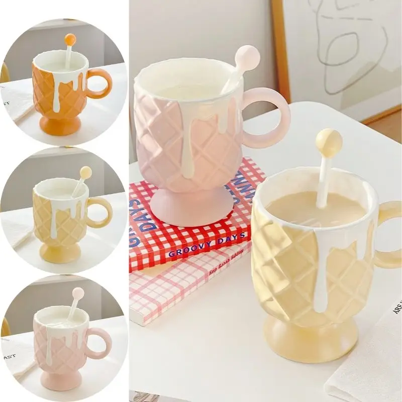 

3D кофейная чашка для мороженого с ложкой для перемешивания, керамическая чашка, красивая чашка для молока, бытовая чашка 420 мл, новинка