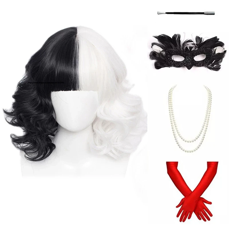 Anime Cruella de Vil Short Cruly Half Black And Half White Cosplay Wig Heat Resistant Synthetic Hair Halloween Hair + a wig cap