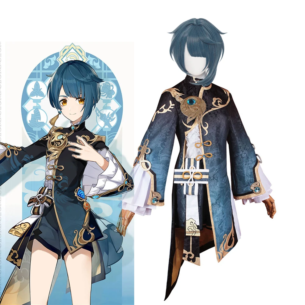 

Anime Game Genshin Impact Xingqiu Cosplay Costume Dark Blue Party Outfit Uniform Women Halloween Carnival Gift Costumes