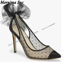 moraima snc black air mesh bow knot pumps for women solid black high heels lady wedding shoes stilettos heels pointed toe pumps