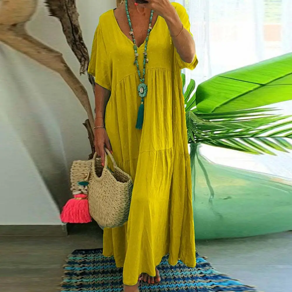 

Solid Color Women Dress Vintage Pleated V-neck Maxi Dress Soft Solid Color Lady Summer Style with Short Sleeves Loose Hem Ladies