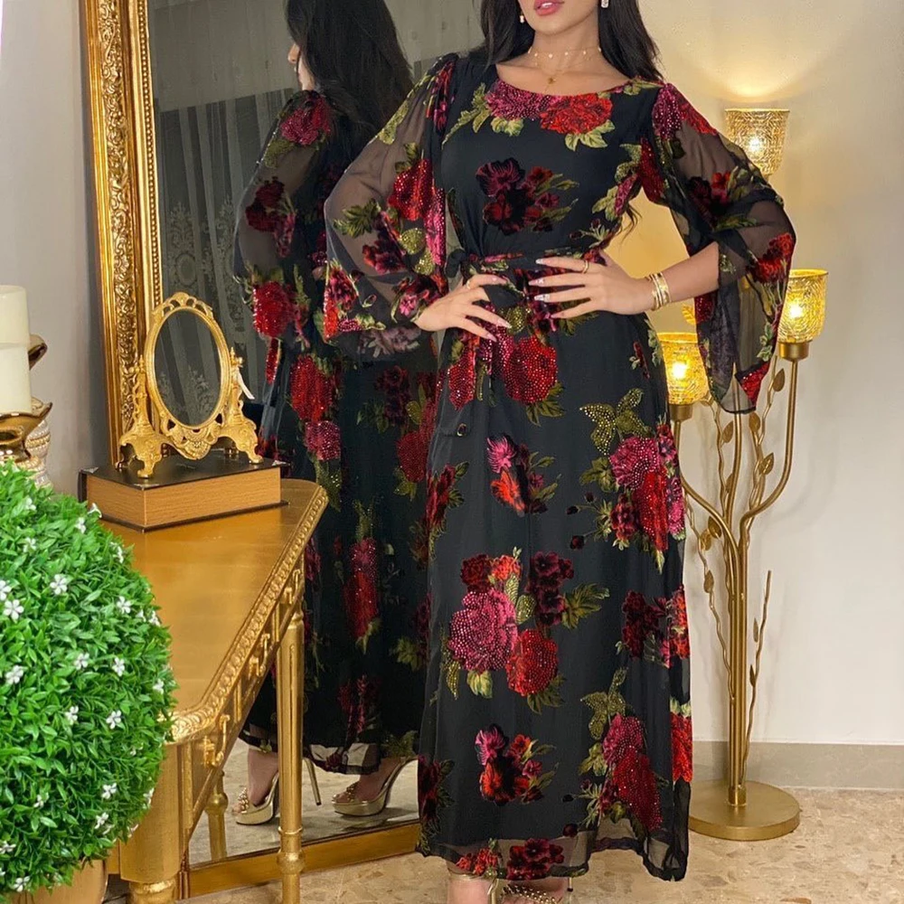 Мусульманское модное женское кимоно с длинным рукавом, сетчатые платья, абайя Дубай, 2022, цветочные богемные турецкие исламские платья, вече...