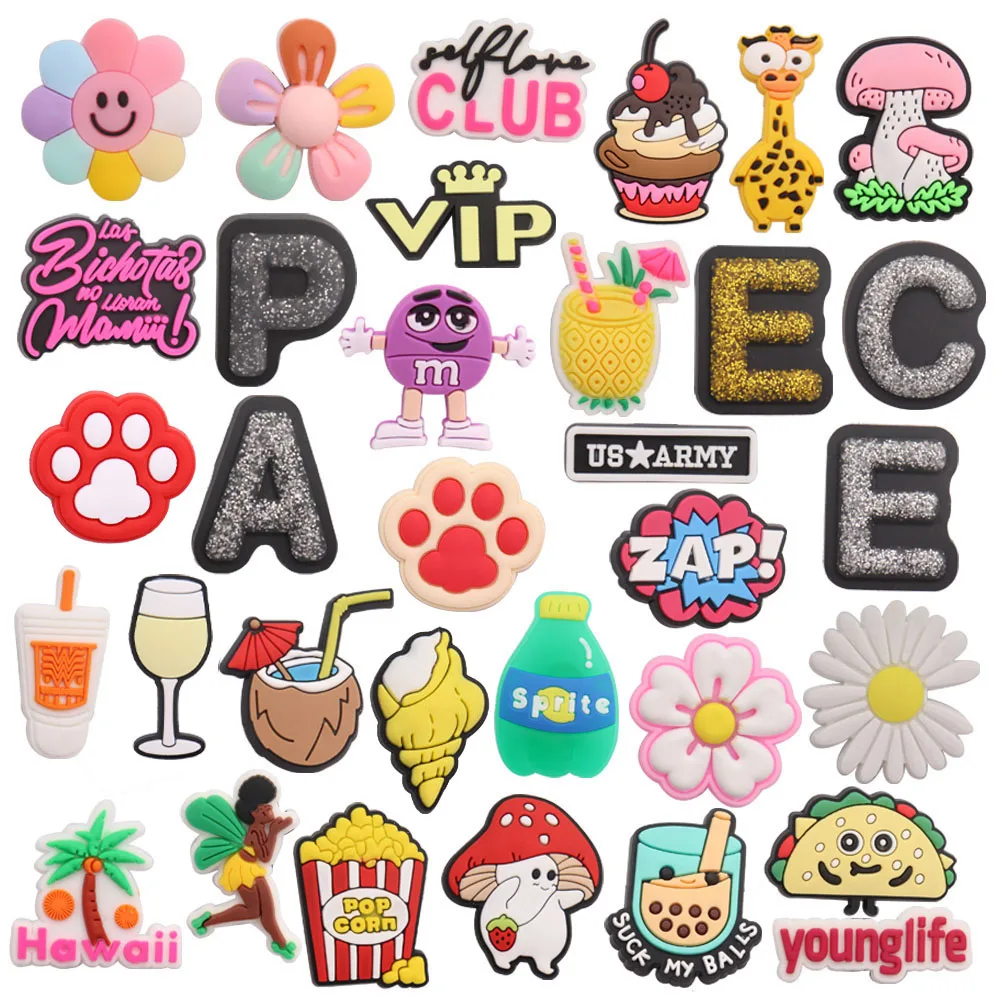 

Mix 50PCS PVC Croc Charms Flower Cake Giraffe Mushroom Drink Conch Hawaii Popcorn Sandals Shoes Decoration Slipper Accessories