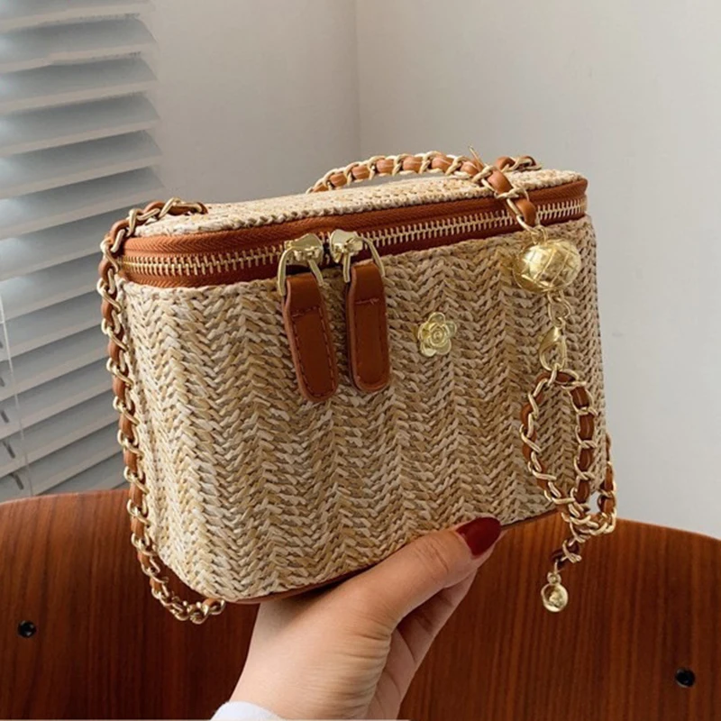 

Summer New Straw Braided Box Bag Fashion Single Shoulder Cross-body Female Bag Beach Holiday Style Simple Small Square Bag