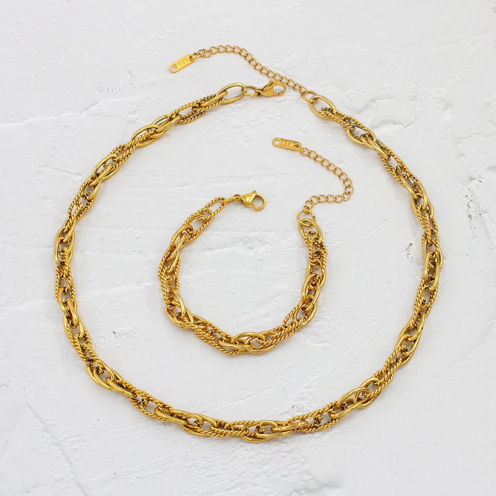 

Heavy Manual Chain Stainless Steel Necklace Bracelet Women's Twisted Rope Jewelry Set Gold-Plated Charming Collar Accessories