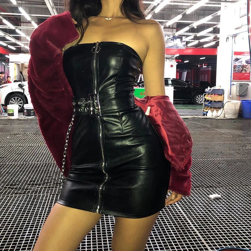 

Gothic Women Black Leather Zipper Mini Dress Off Soulder Strapless Bodycon Femme NightParty Club Dresses With Chain Belt