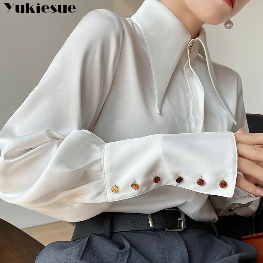 

New Spring Summer Advanced Sense Ladies Shirts Tops Elegant Fashion Vintage Women Blouse Single-breasted Satin Silk Women Shirt