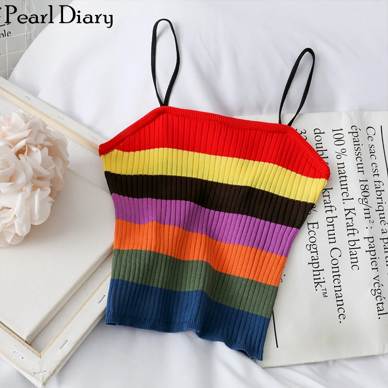 

Liba Sin Knitted Spaghetti Straps Top Rainbow Knitted Crop Top Square Neck Slim Fitted Casual Top Skinny Strap Going Out Top
