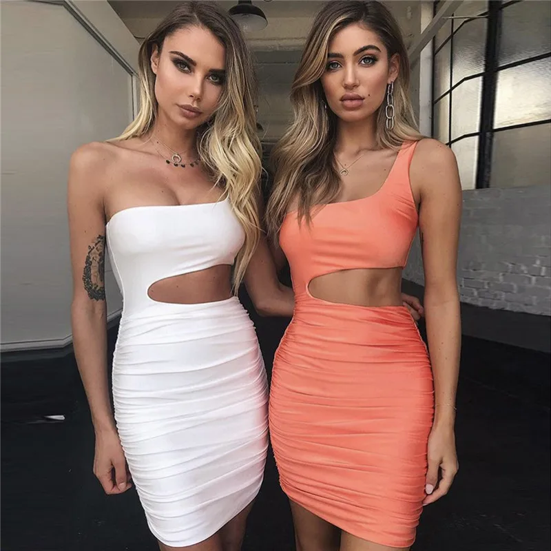 Elegant Party Bodycon Dress Women One Shoulder 2022 New Sleeveless Stretchy Slim Pleated Nightclub Sexy Summer Mini | Женская одежда