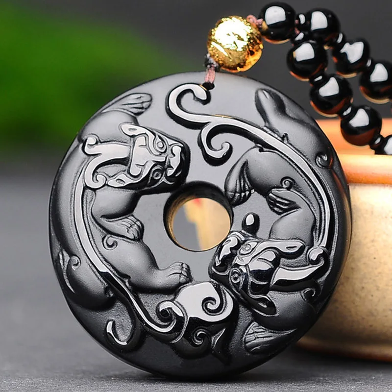 

Natural Obsidian Double Pixiu Fengshui Pendant Necklace Lucky Amulet Black Jades Brave Troops Pendants Men Women Healing Jewelry